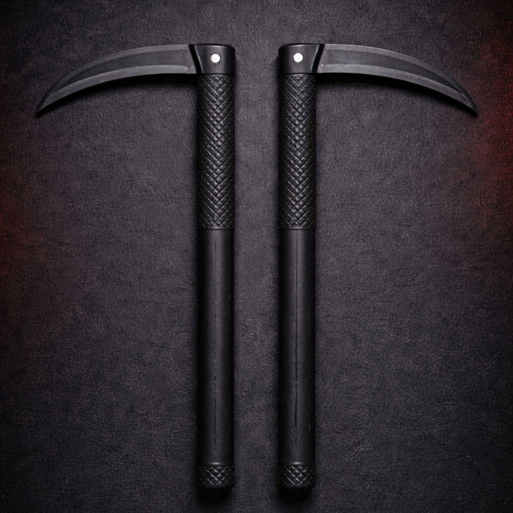 Pair of training kama displayed on a dark textured background
