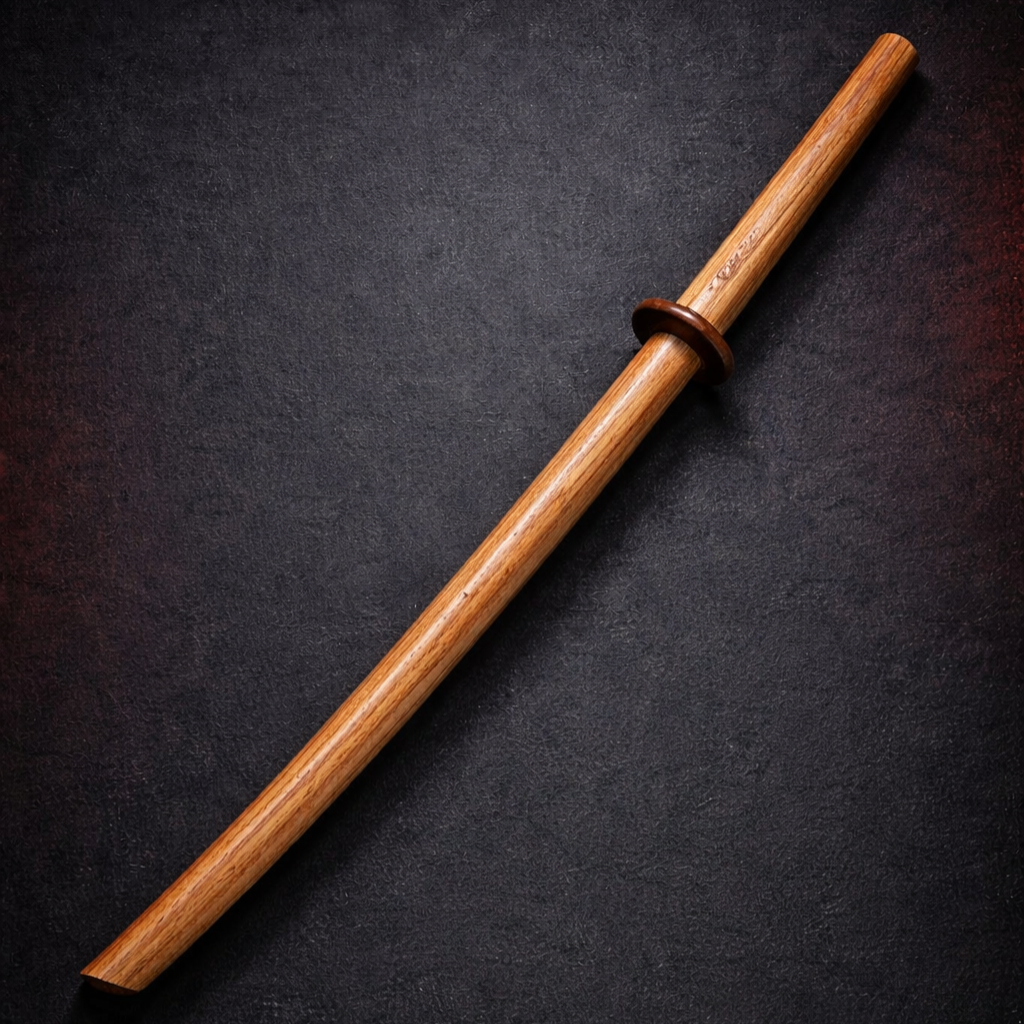 Wooden katana training sword displayed diagonally on a dark textured background