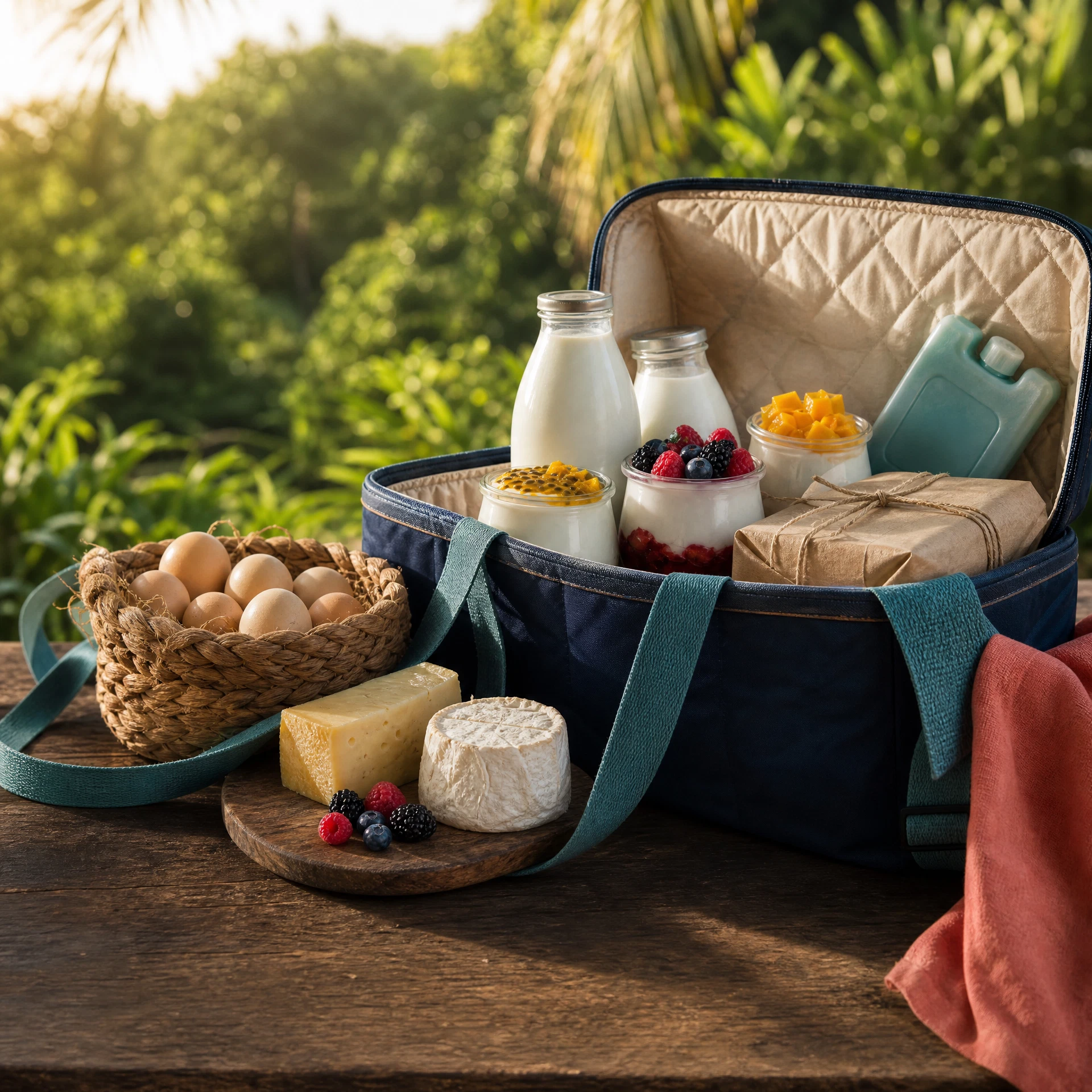 A farm cooler packed with milk, eggs, cheese and berries