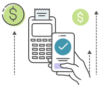 A card terminal and a phone approval between two rising dollar coins