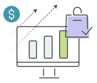 A rising sales chart beside a shopping bag