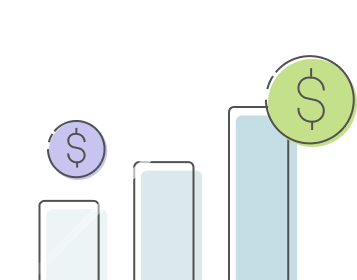A rising bar chart with dollar coins above it