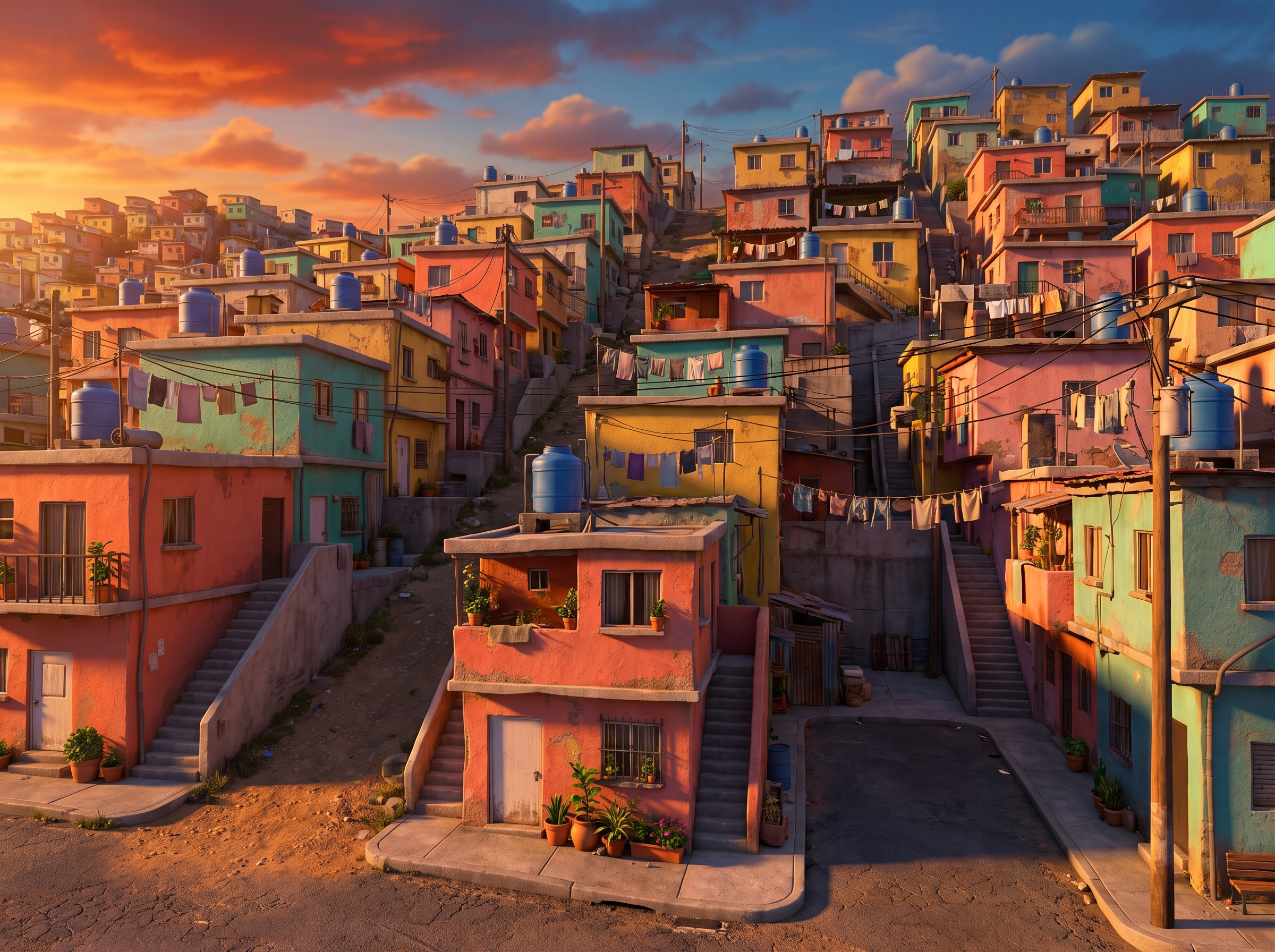 El cerro — casas de colores del barrio a la hora dorada