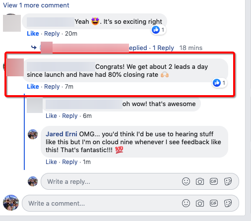 Client comment: about 2 leads a day since launch and an 80 percent closing rate