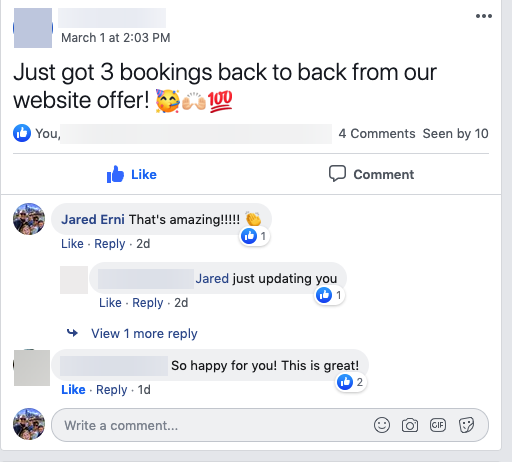 Client post: just got 3 bookings back to back from our website offer