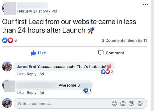 Client post: our first lead from our website came in less than 24 hours after launch