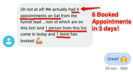 Client message: six booked appointments in three days from the funnel