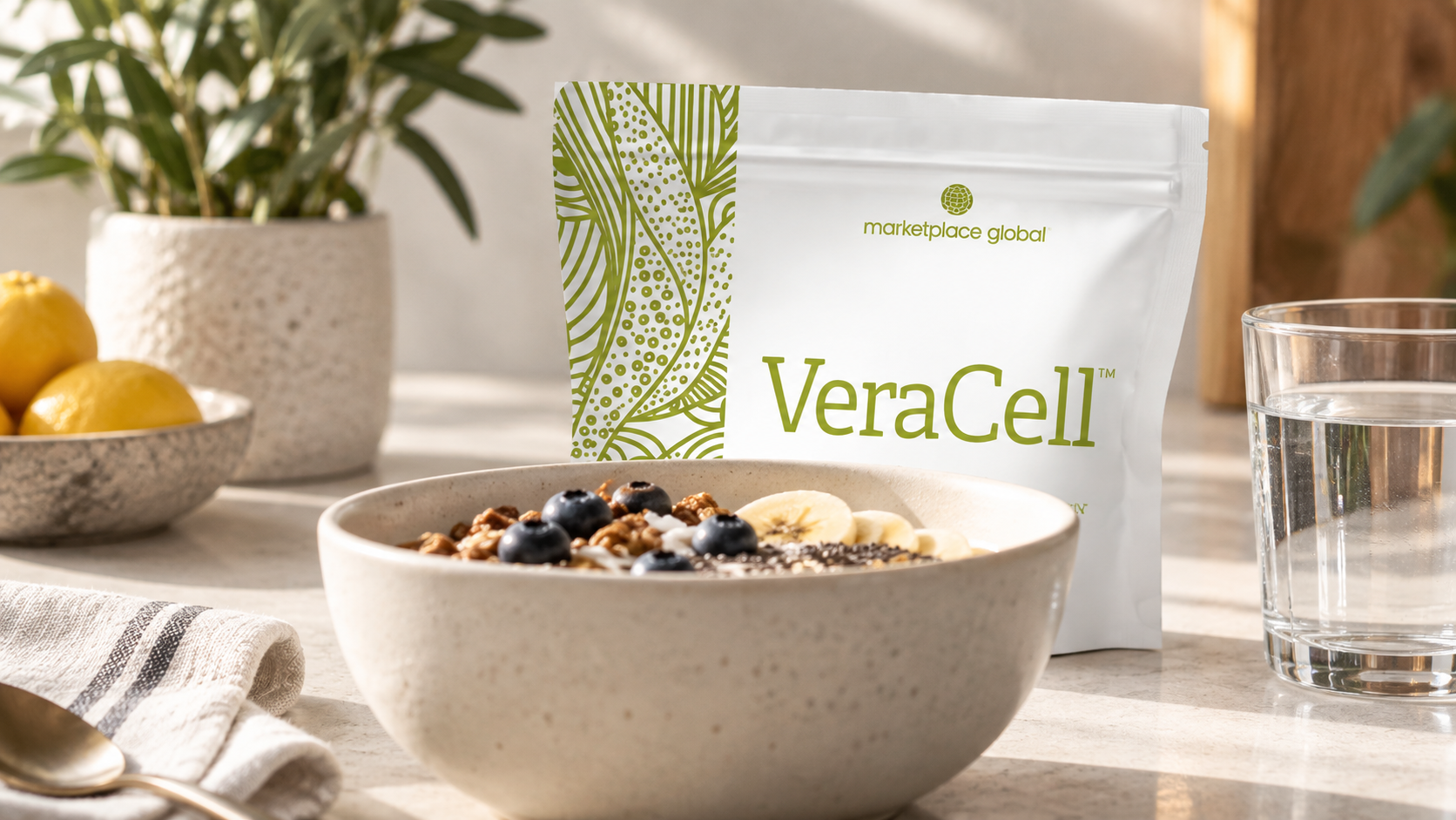 VeraCell pouch beside a breakfast bowl and glass of water