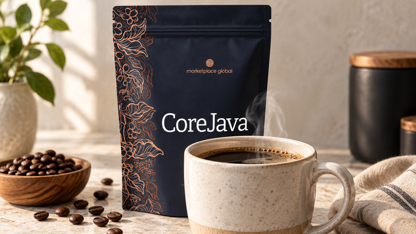 CoreJava Coffee pouch beside a ceramic mug of coffee