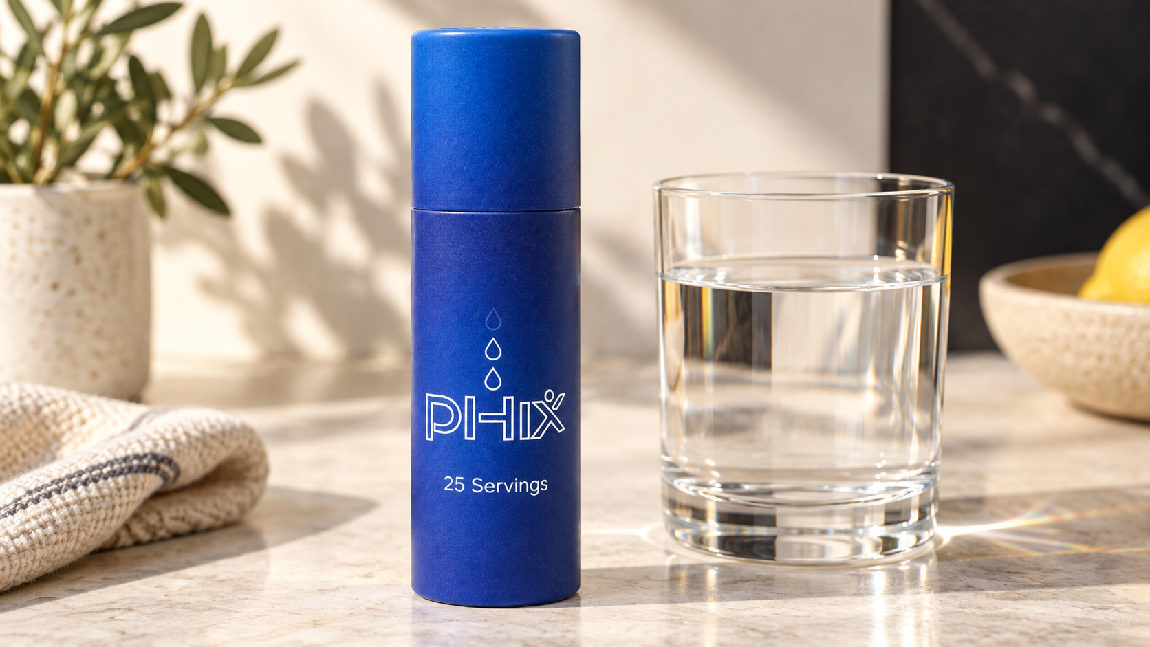 Blue PHIX bottle beside a glass of water Blue PHIX bottle beside a glass of water