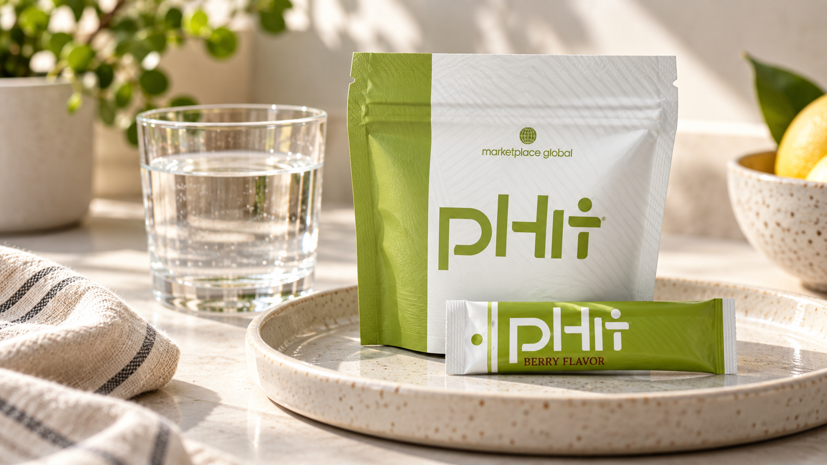 PHIT pouch and single-serving stick beside a glass of water