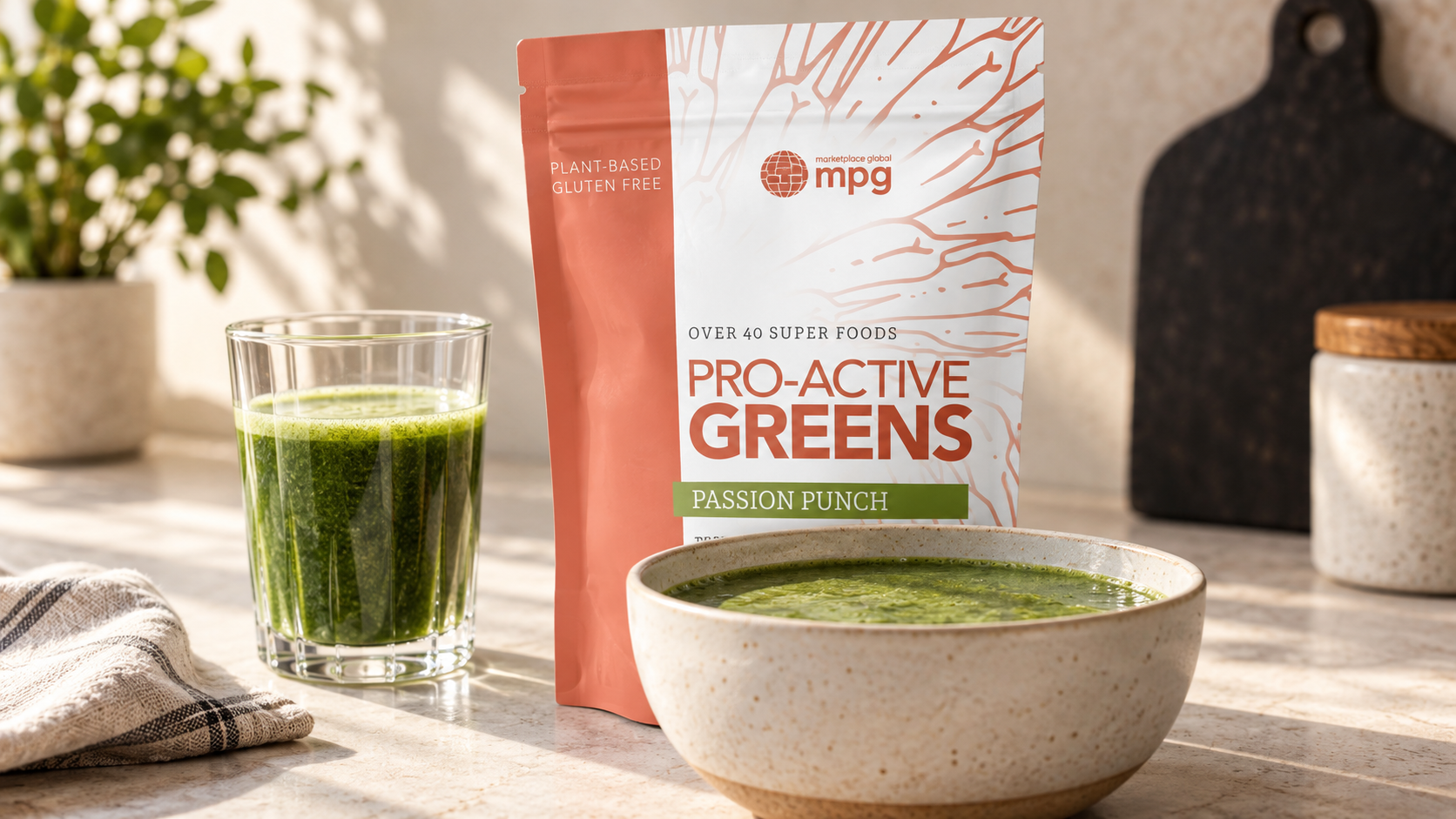 Pro-Active Greens Passion Punch pouch in a kitchen setting