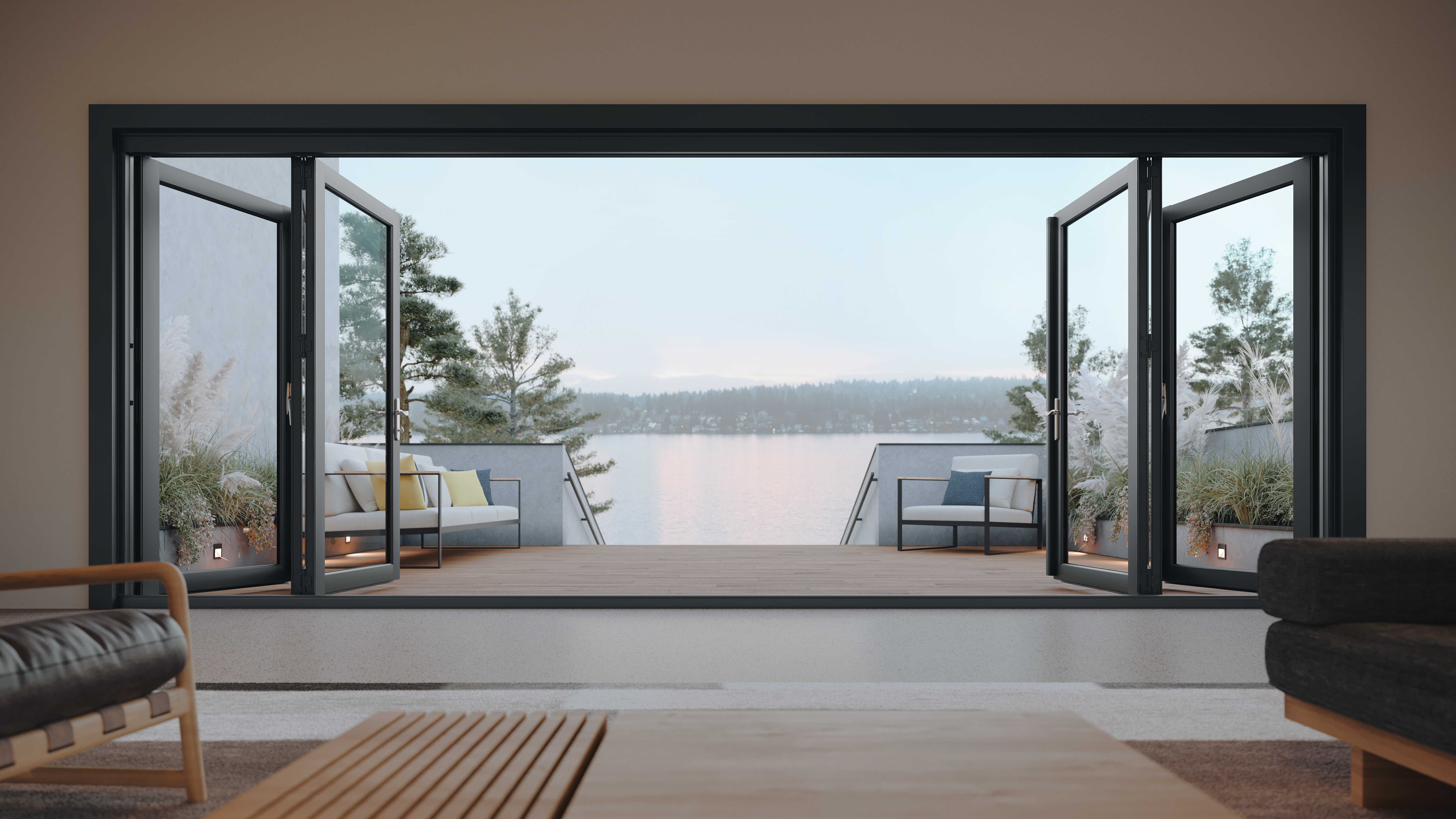 Sliding glass wall system at night — Centor