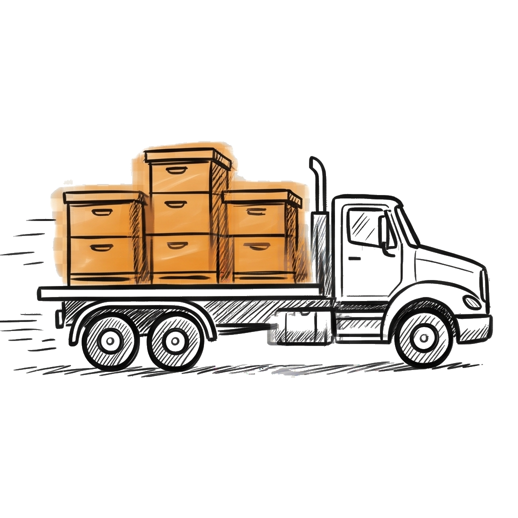 Truck loaded with hives, representing post-bloom recovery and transport.