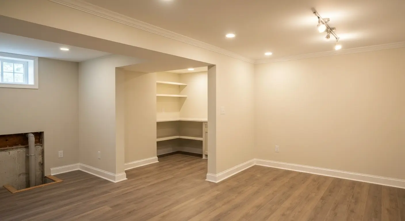 Finished basement with lighting and flooring