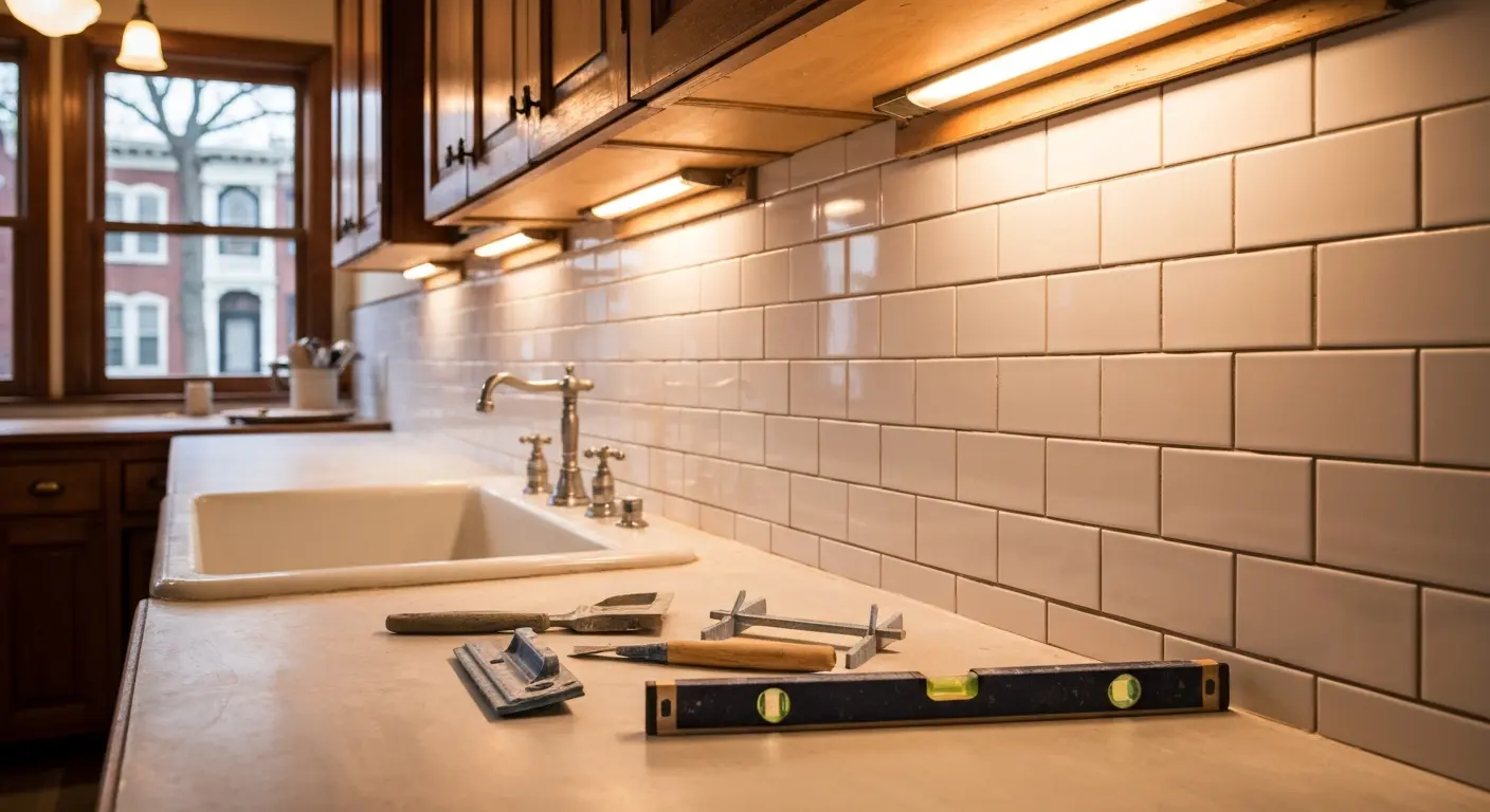 Tile backsplash installation in kitchen
