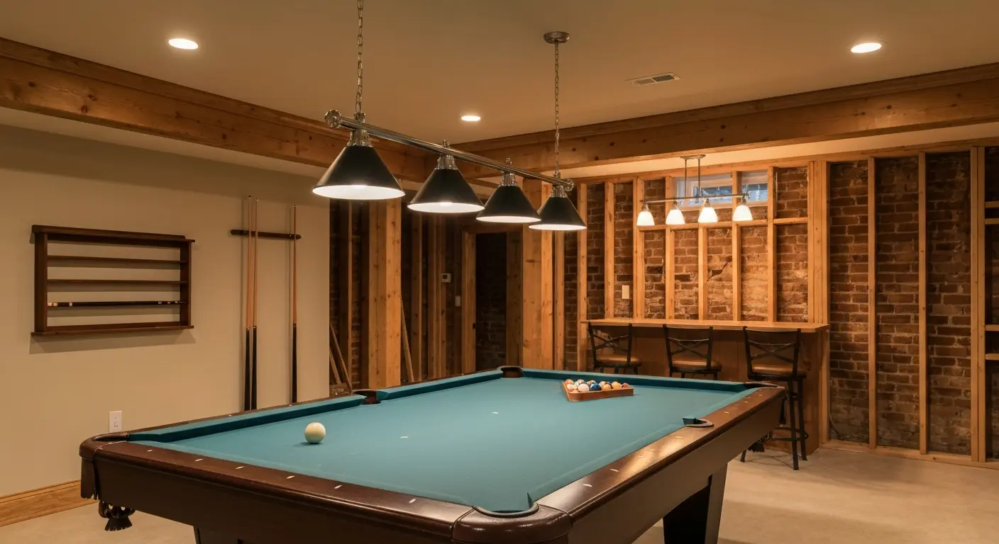 Game room with pool table and lighting