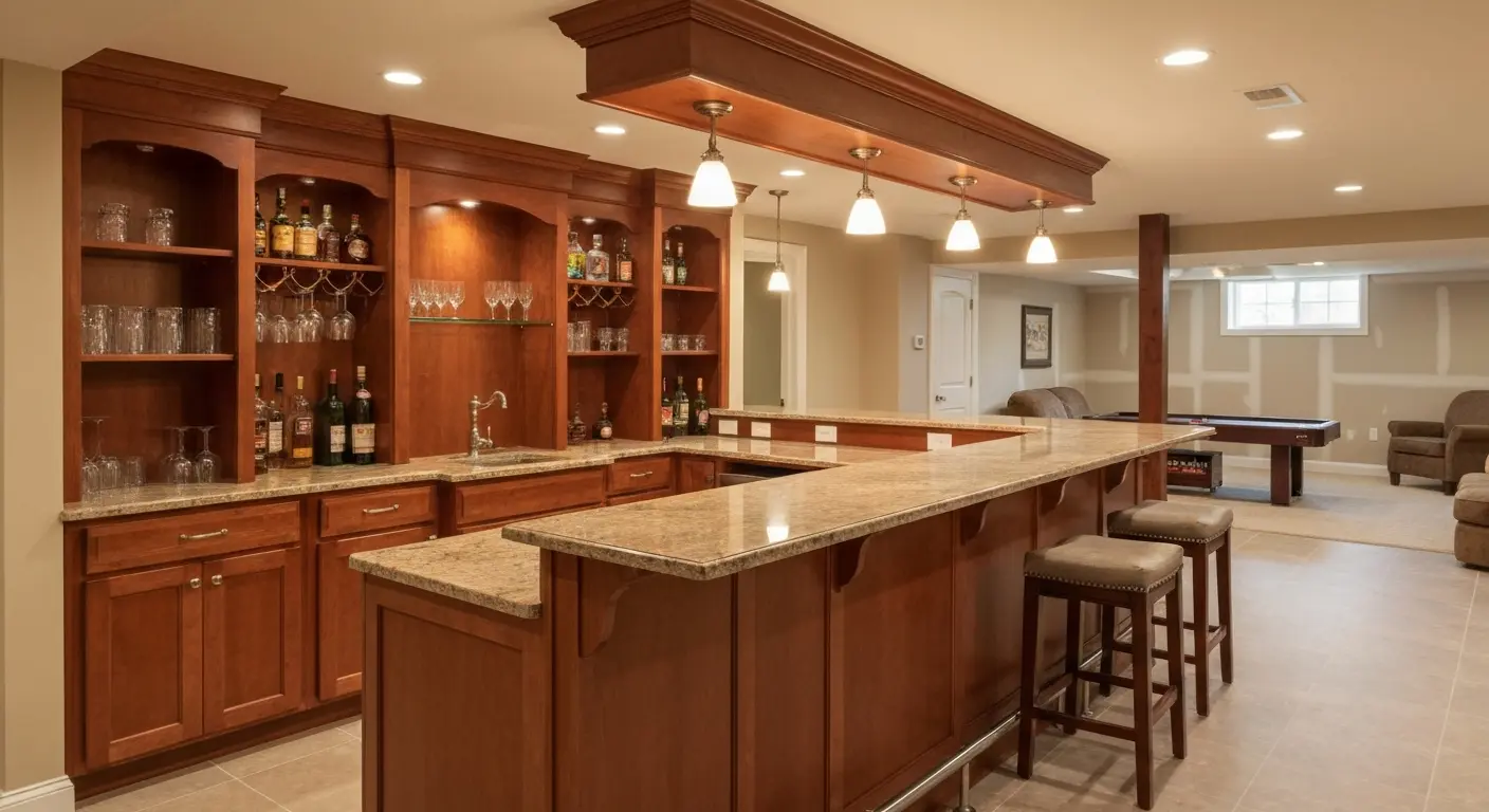 Custom bar counter in basement game room