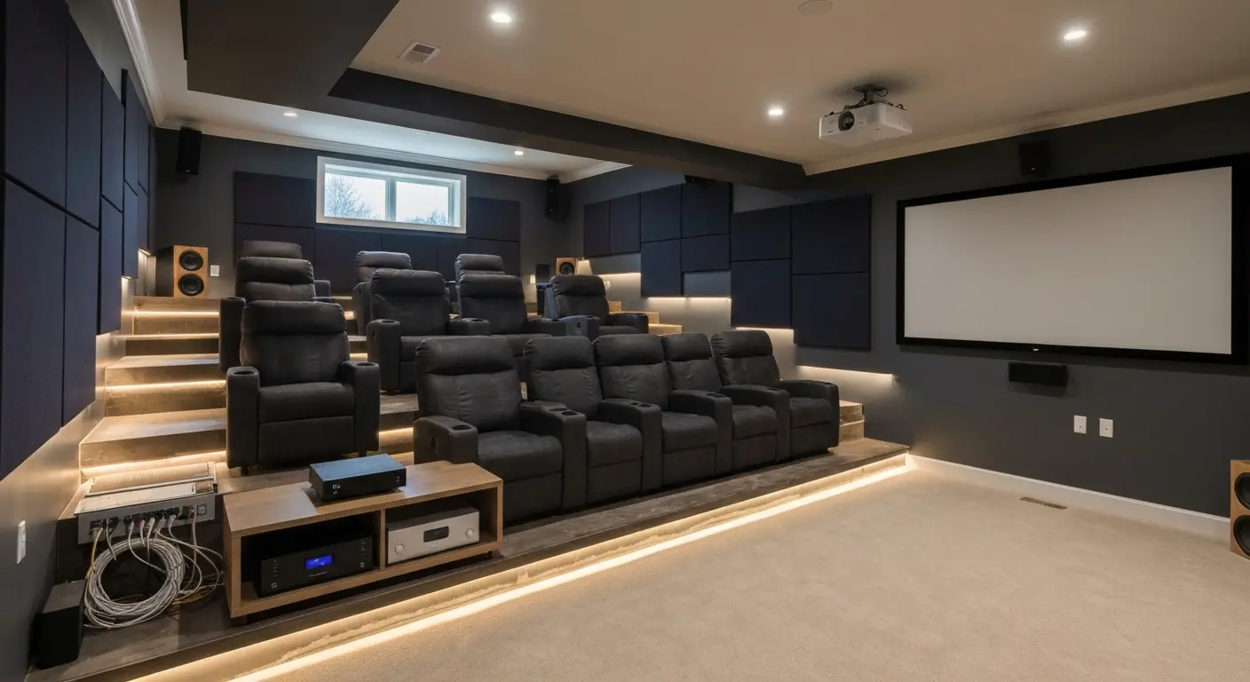 Home theater basement with seating and screen