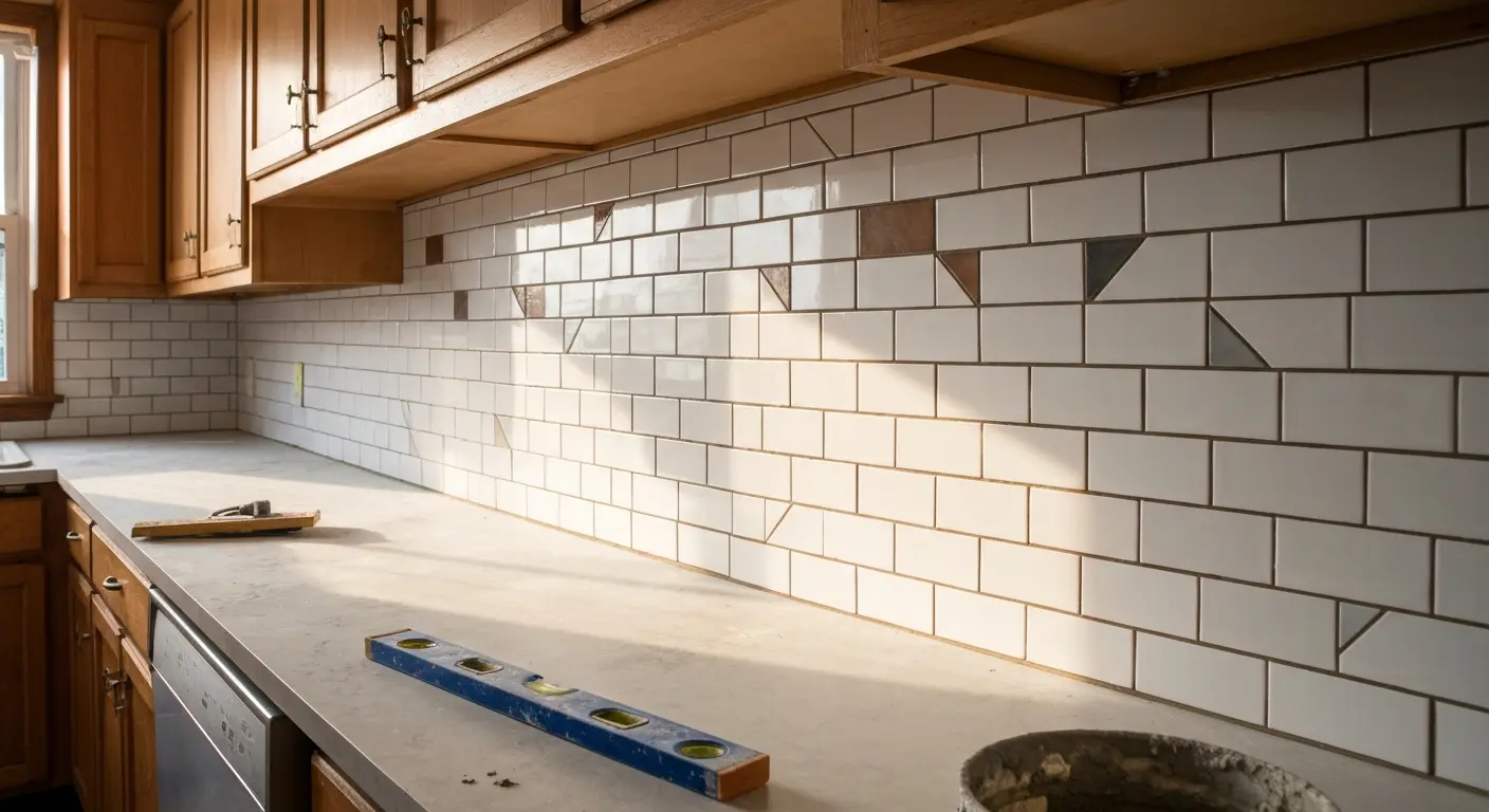 Backsplash tile installation in kitchen