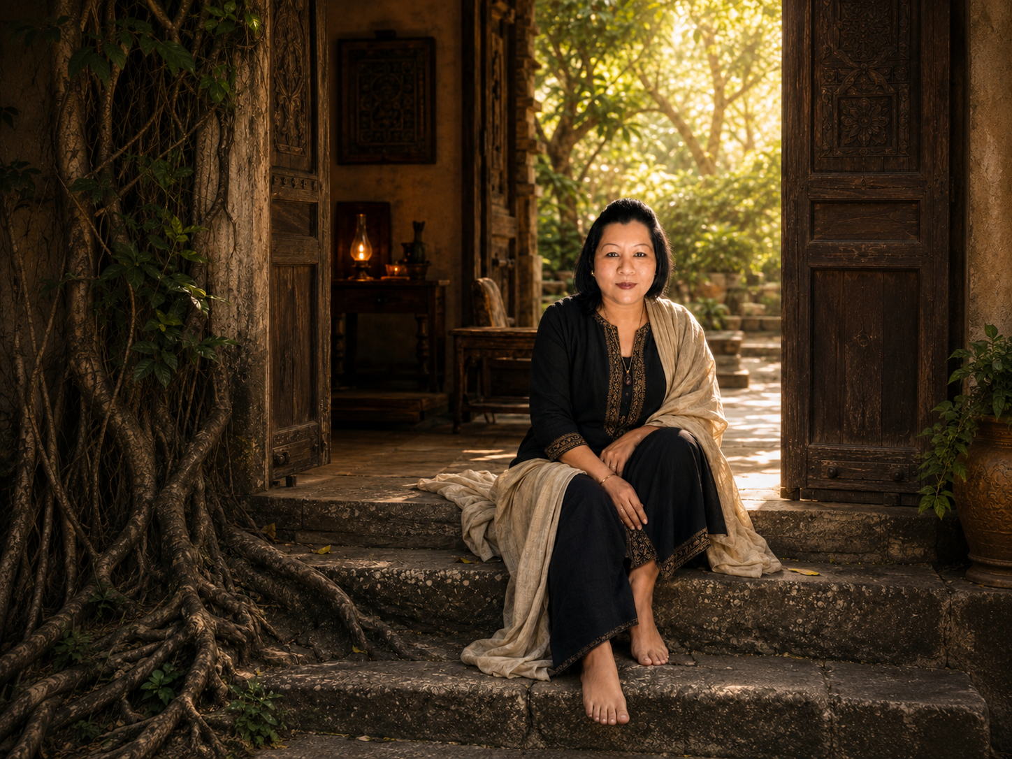 Shilpi Gupta seated at a sunlit doorway, symbolizing The Sacred Return and coming home to yourself