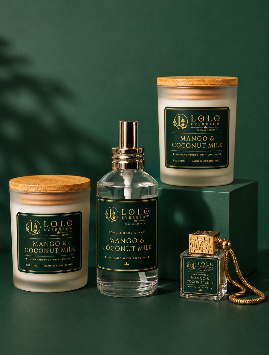 Lolo Everglow Mango & Coconut Milk collection — candle, room & body spray, and car diffuser