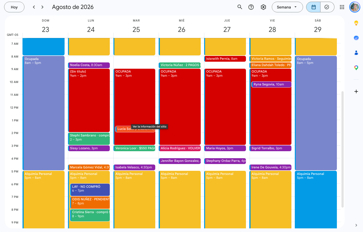 Agenda de una semana con citas y ventas