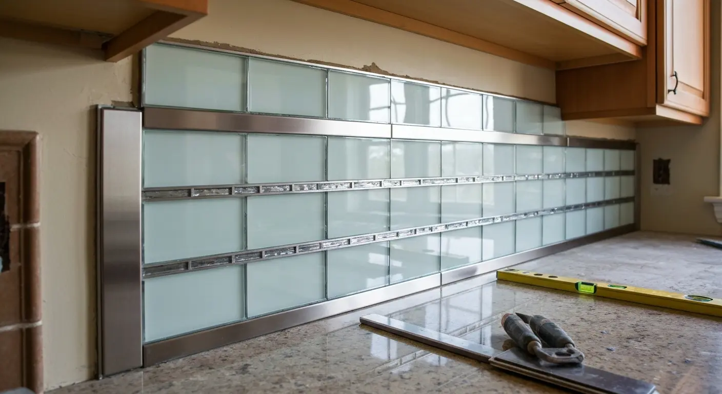 Glass and mixed tile backsplash design