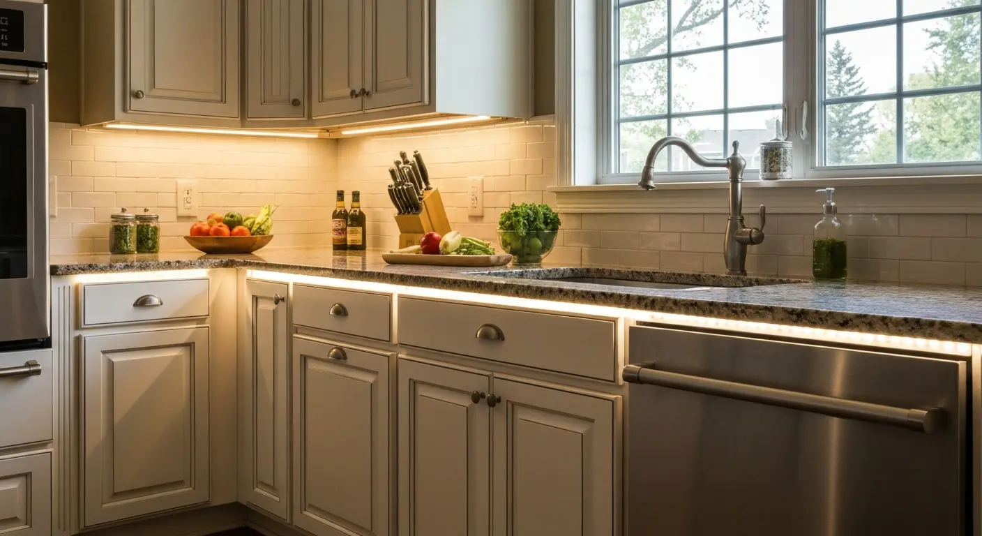 Under-cabinet LED lighting in kitchen