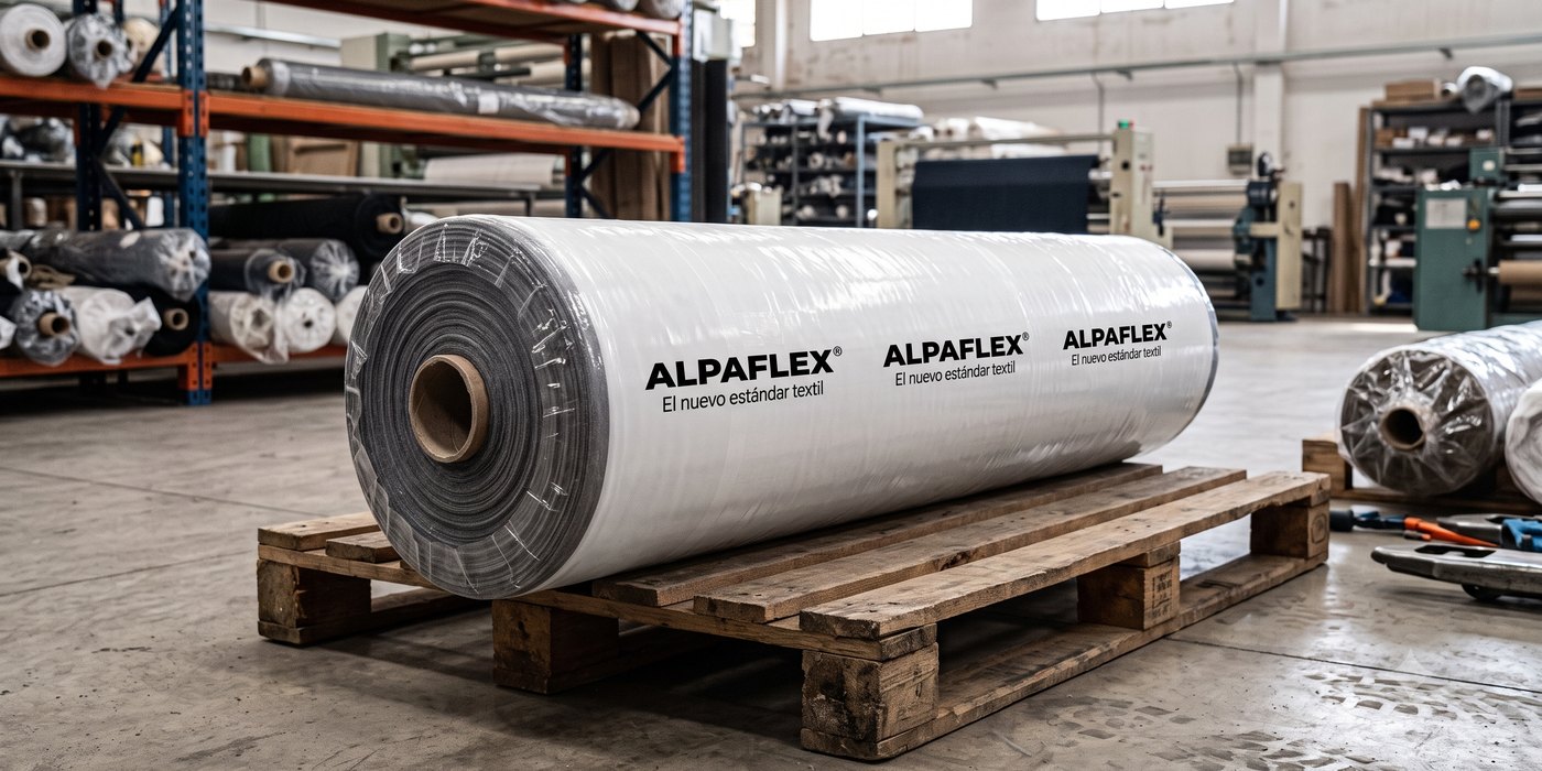 Rollo de tela ALPAFLEX con su packaging, listo para despacho