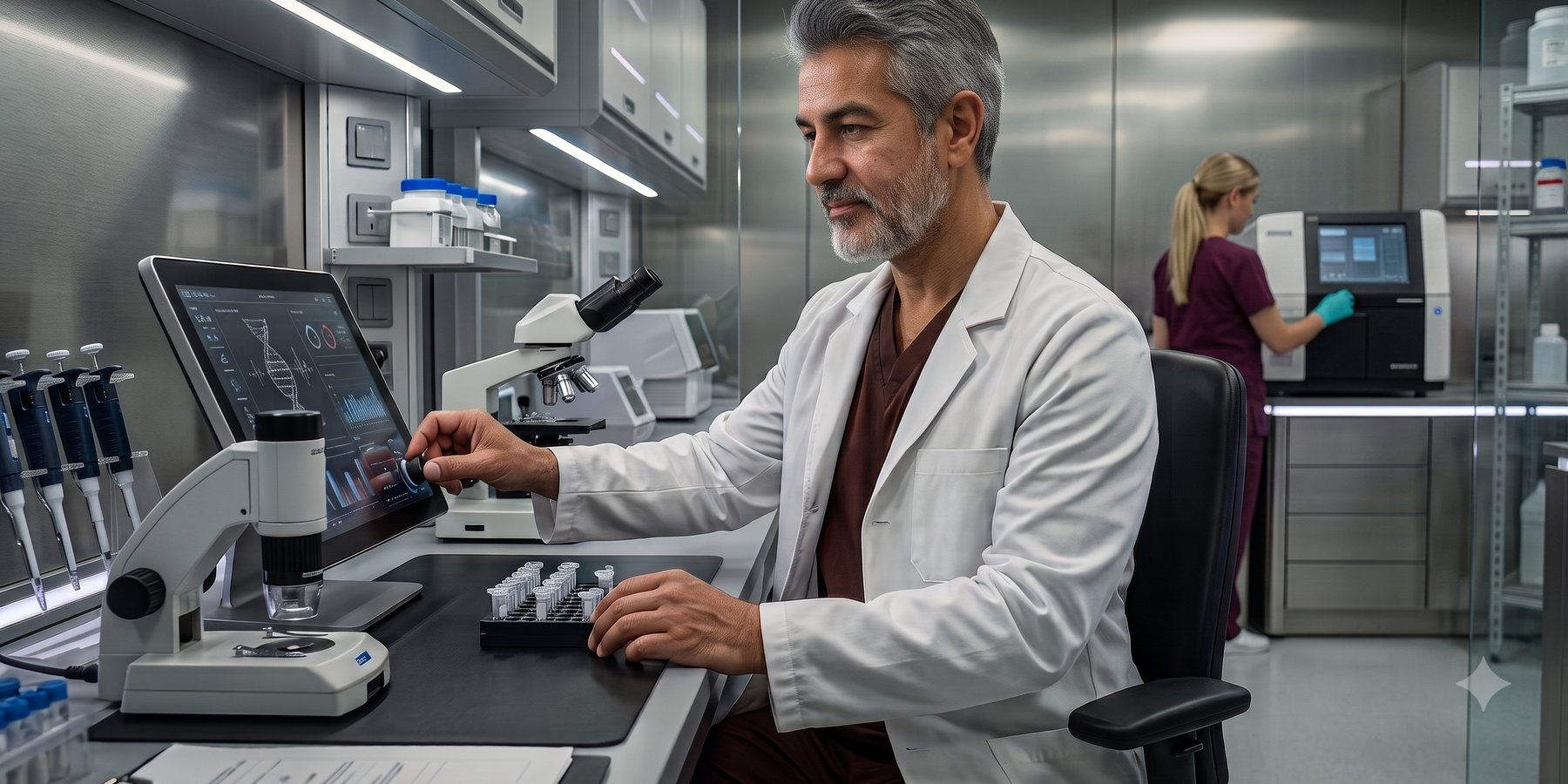 Médico de laboratorio con guardapolvo confeccionado en Guardapolvo T400 de Alpaflex