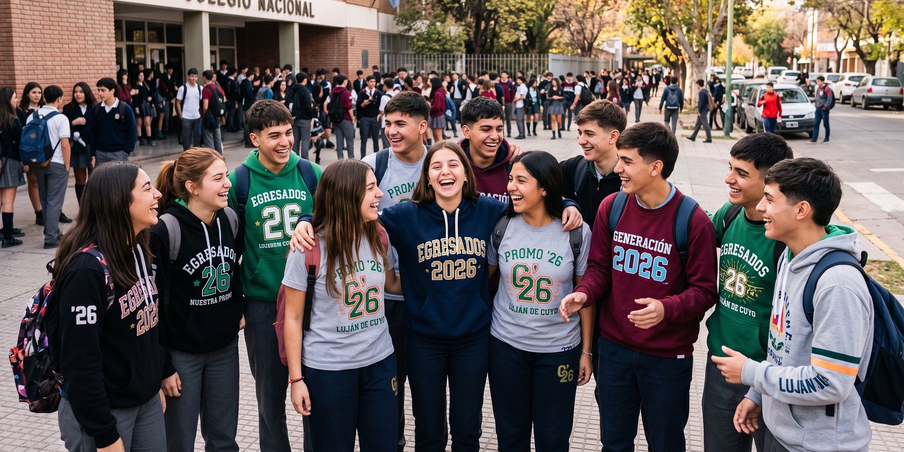 Grupo de egresados con buzos y remeras de promoción a la salida del colegio