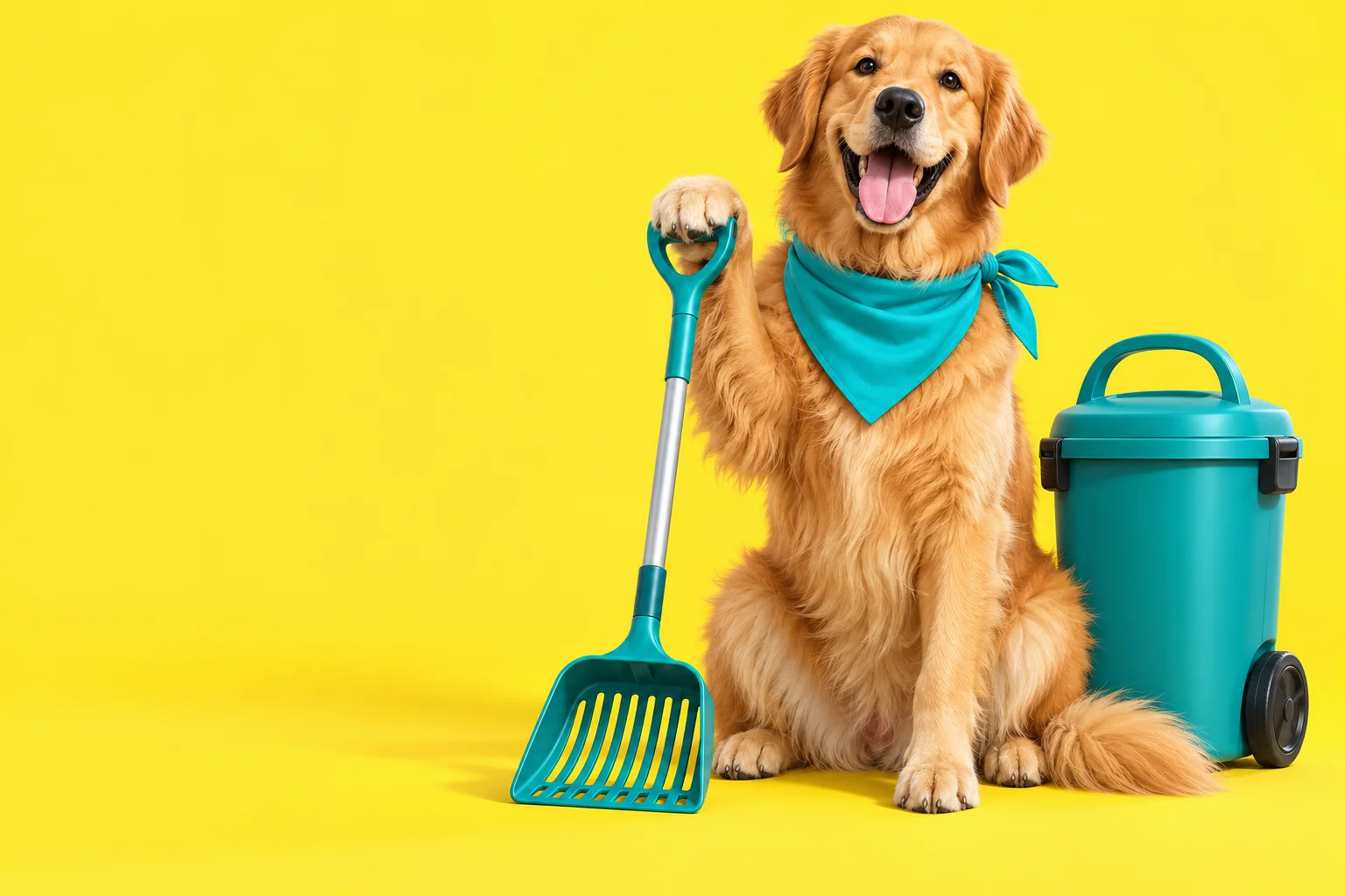 A cheerful golden retriever with a teal bandana beside poop pickup tools