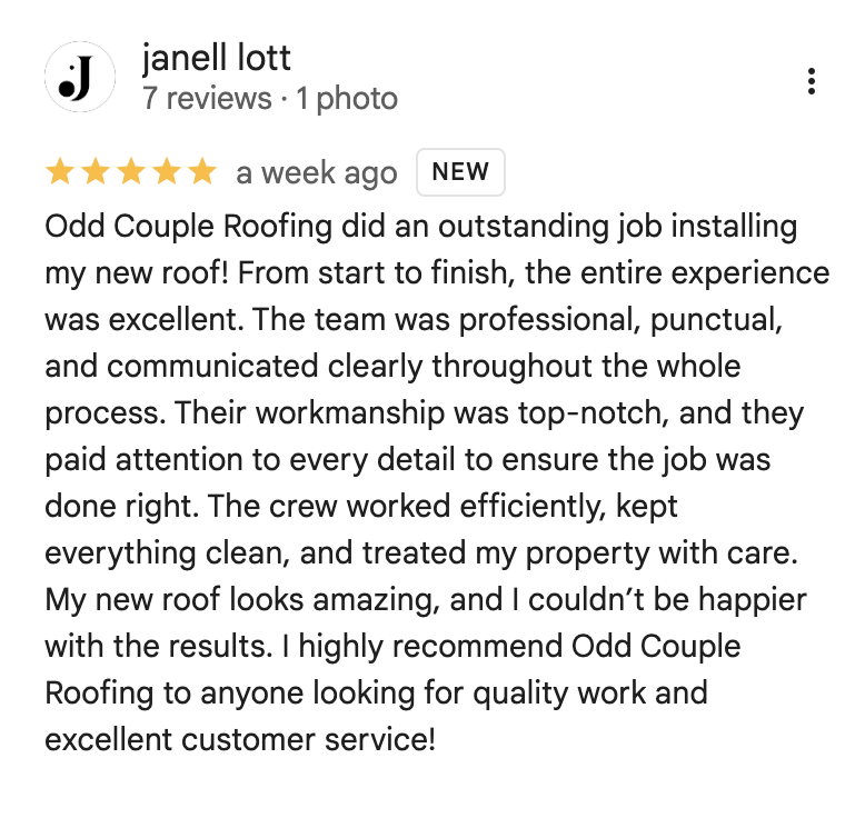 Google Review for The Odd Couple Roofing Specialists