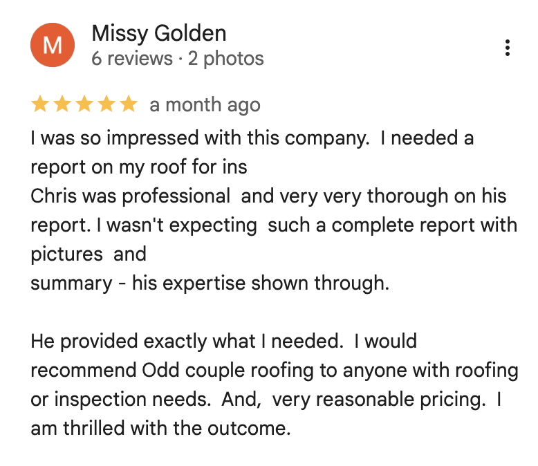 Google Review for The Odd Couple Roofing Specialists