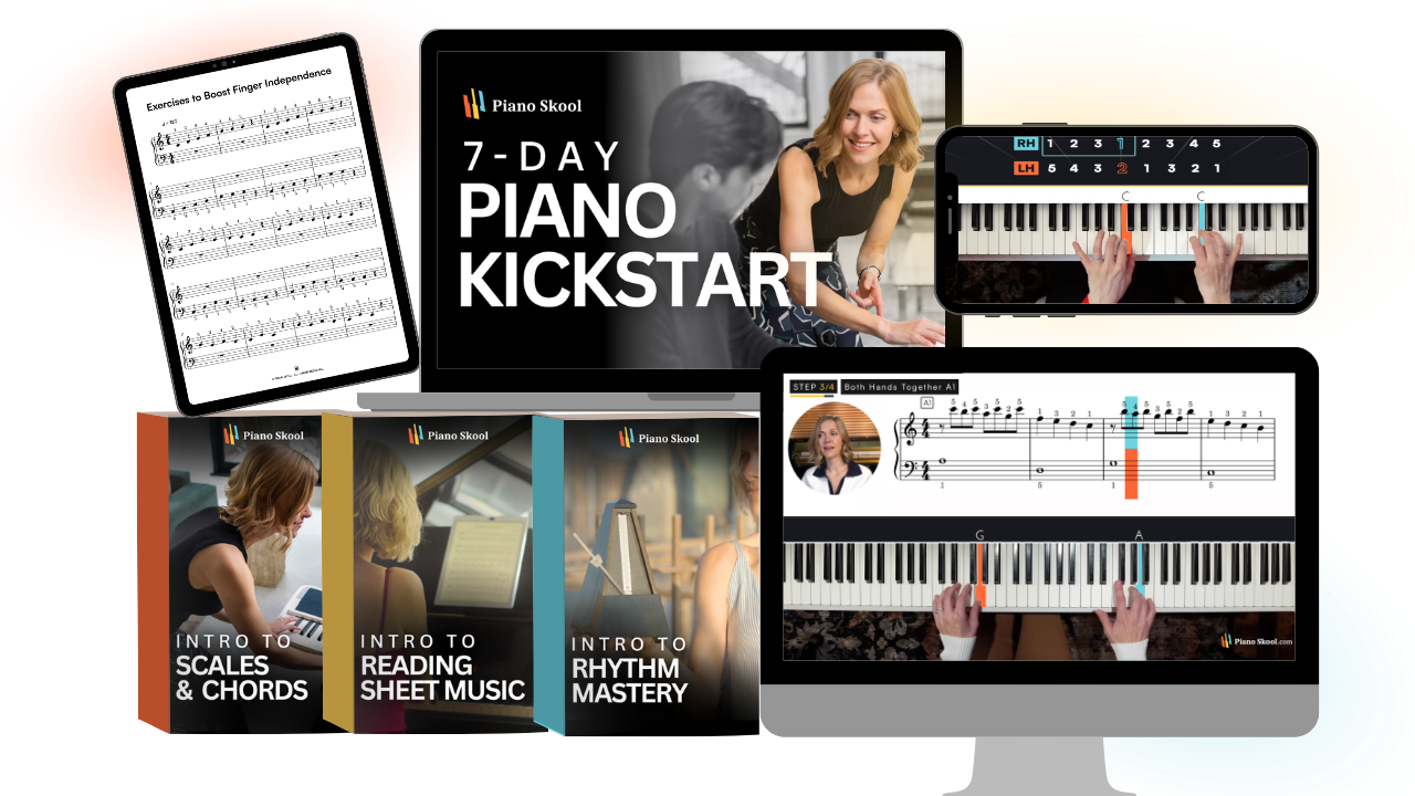 Piano Kickstart free 7-day beginner piano course with bonuses scales chords rhythm and sheet music