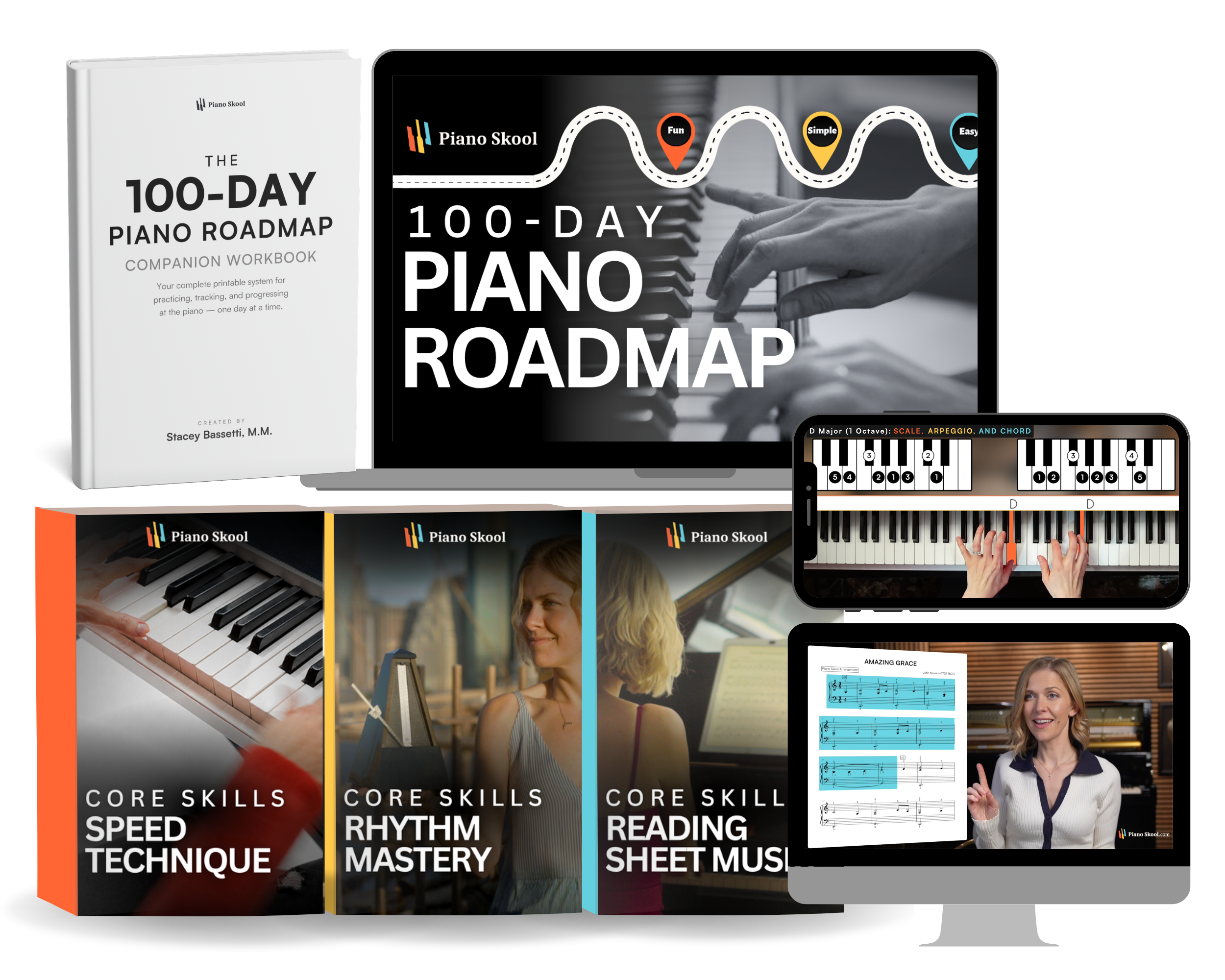 100-Day Piano Roadmap pricing showing complete course package with workbook video lessons and three core skill libraries for speed technique rhythm mastery and reading sheet music