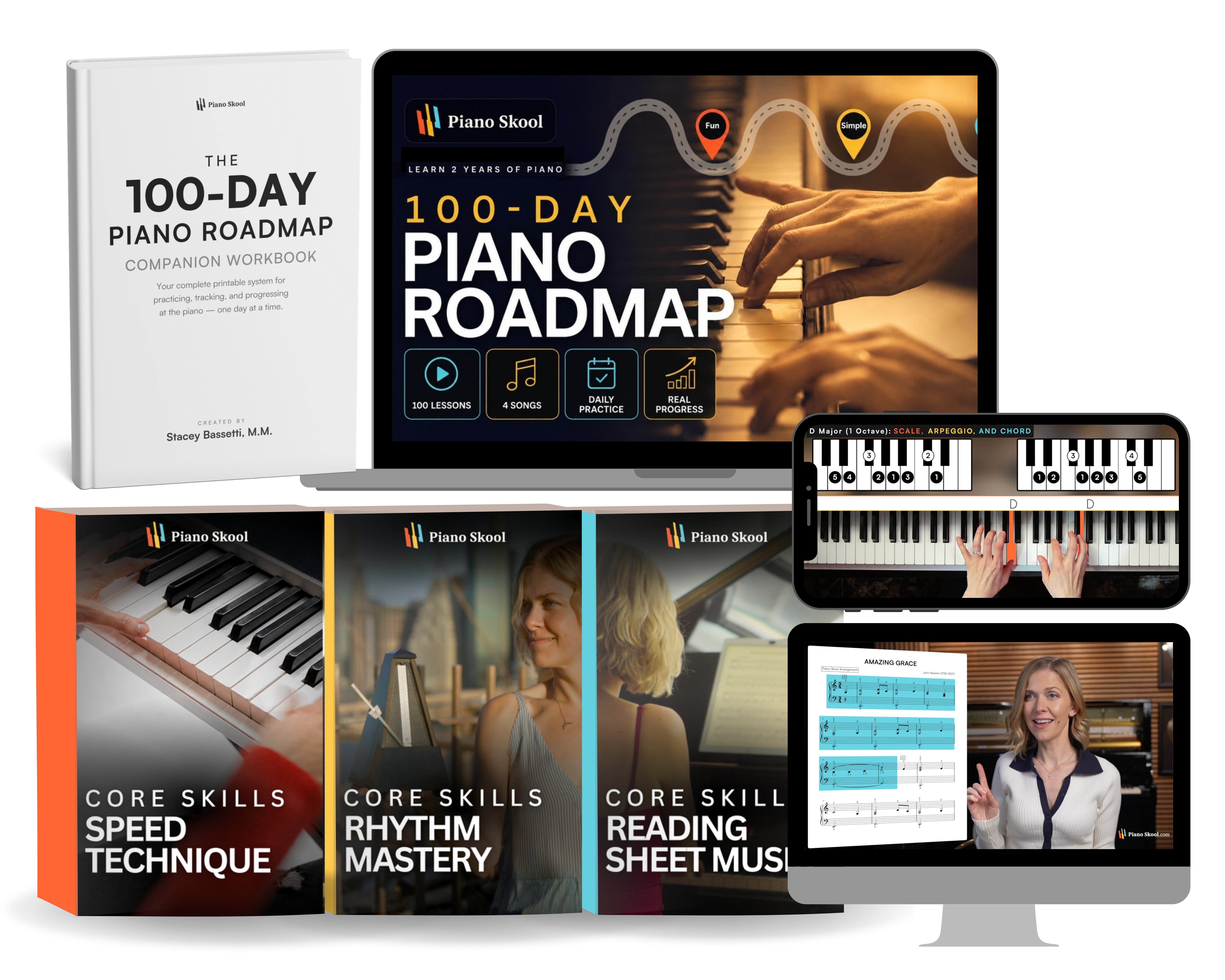 100-Day Piano Roadmap pricing showing complete course package with workbook video lessons and three core skill libraries for speed technique rhythm mastery and reading sheet music