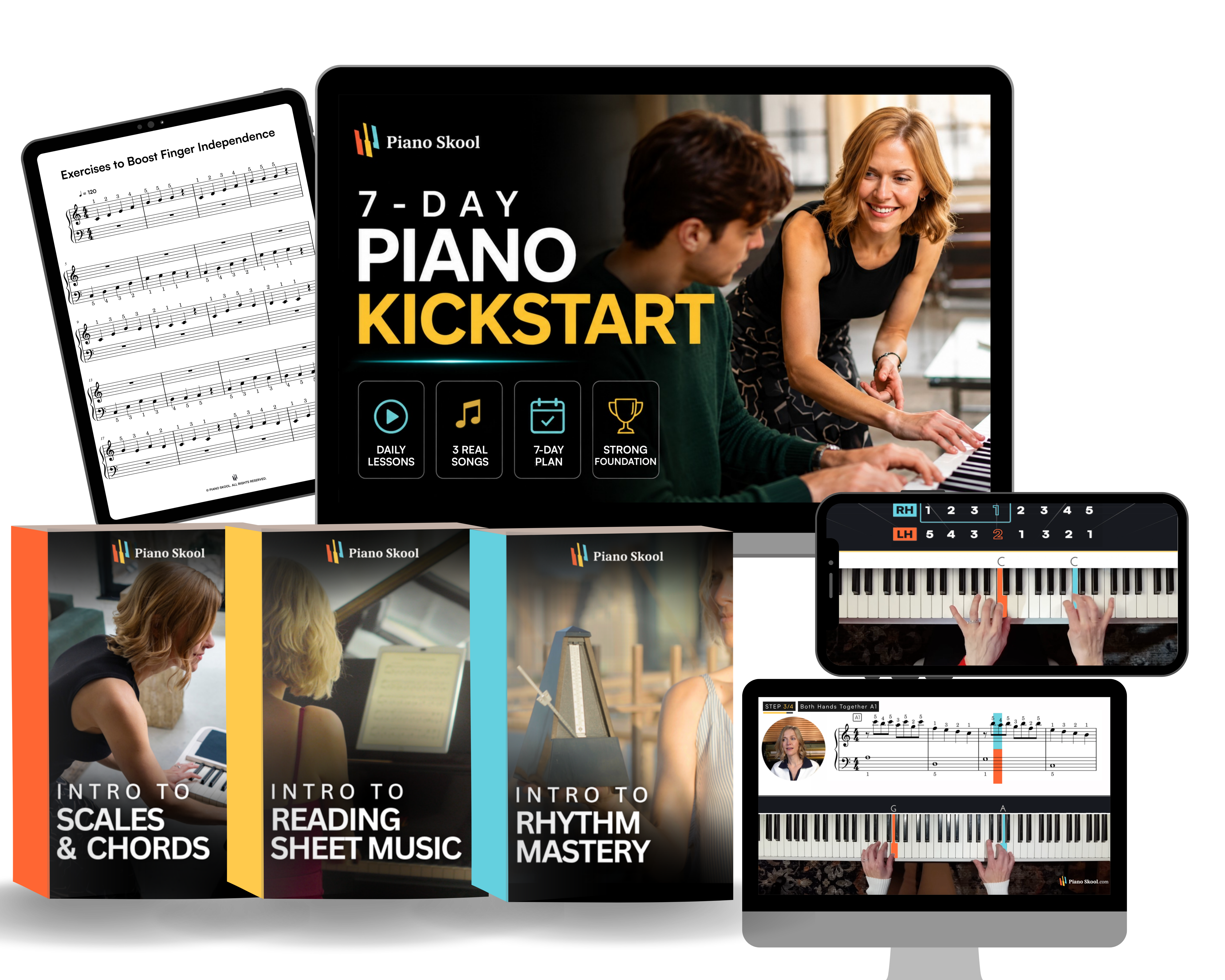 Piano Kickstart free 7-day beginner piano course with bonuses scales chords rhythm and sheet music