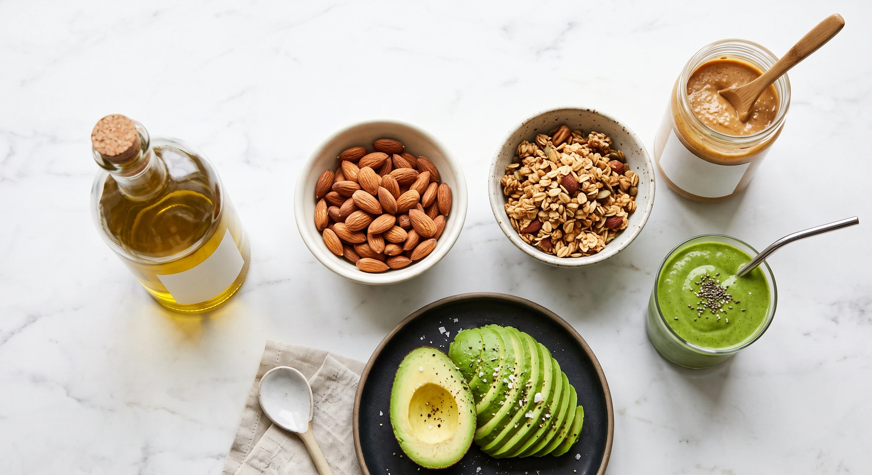 Healthy but calorie-dense foods including avocado, nuts, granola, and olive oil Healthy but calorie-dense foods including avocado, nuts, granola, and olive oil