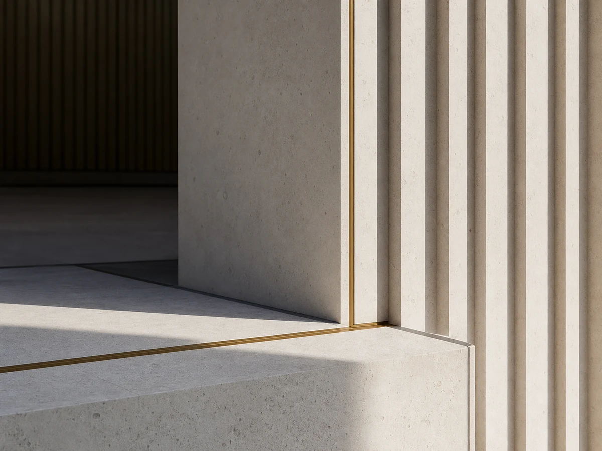 Pale stone architectural planes meeting at a precise brass-lined junction
