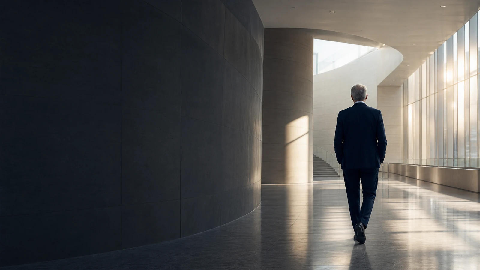 An executive seen from behind walking through a light-filled contemporary interior