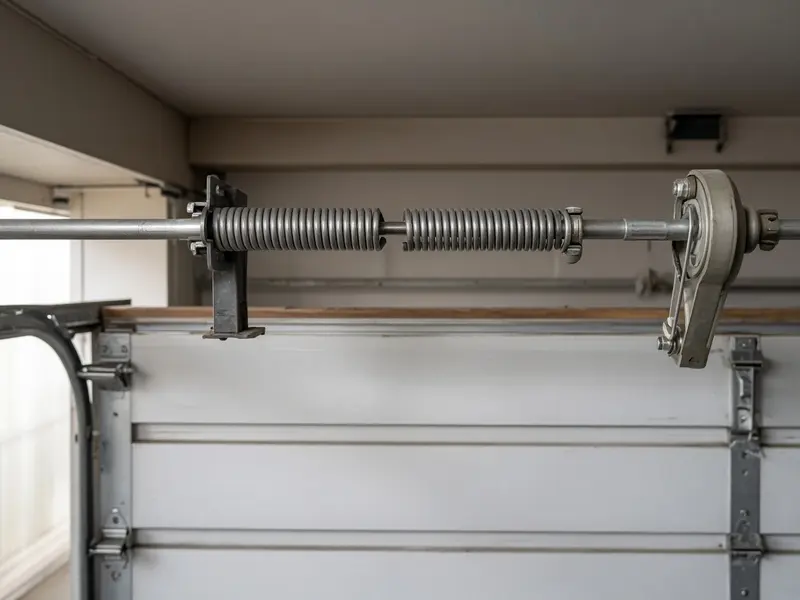 Broken torsion spring on the shaft above a sectional garage door, showing a gap in the coil