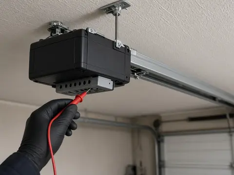 Gloved hand testing an electric garage door motor