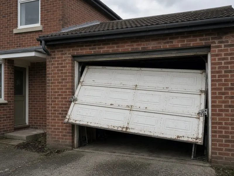 Older white up-and-over garage door stuck partly open and crooked on a brick house