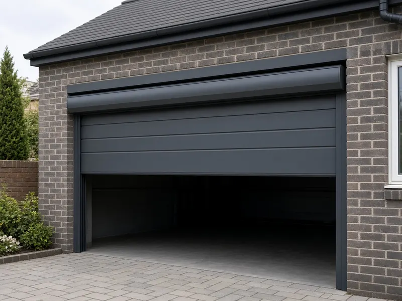 Anthracite grey electric roller garage door, half open, on a brick house