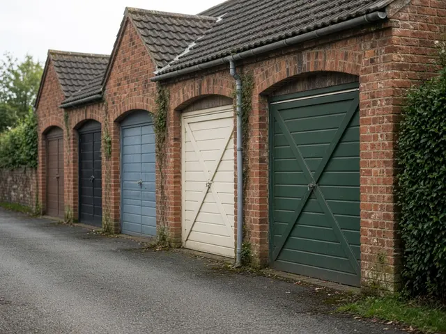 Row of brick garages with traditional up-and-over doors painted in different colours