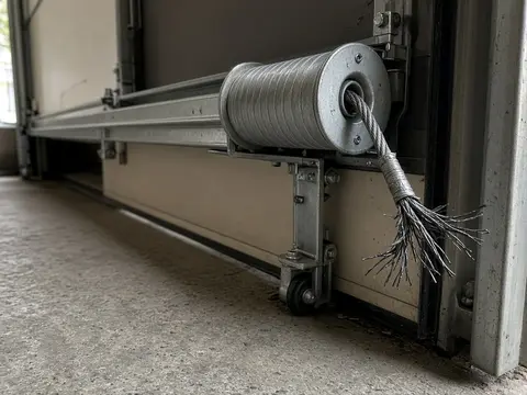 Frayed lifting cable at a garage door cable drum