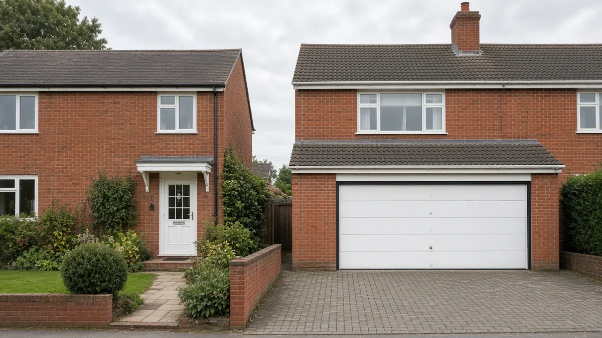 Red-brick semi-detached house with a white sectional garage door and a block-paved driveway