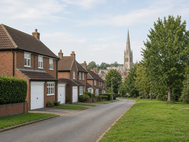 Residential street of brick houses with garages and a church spire in the distance